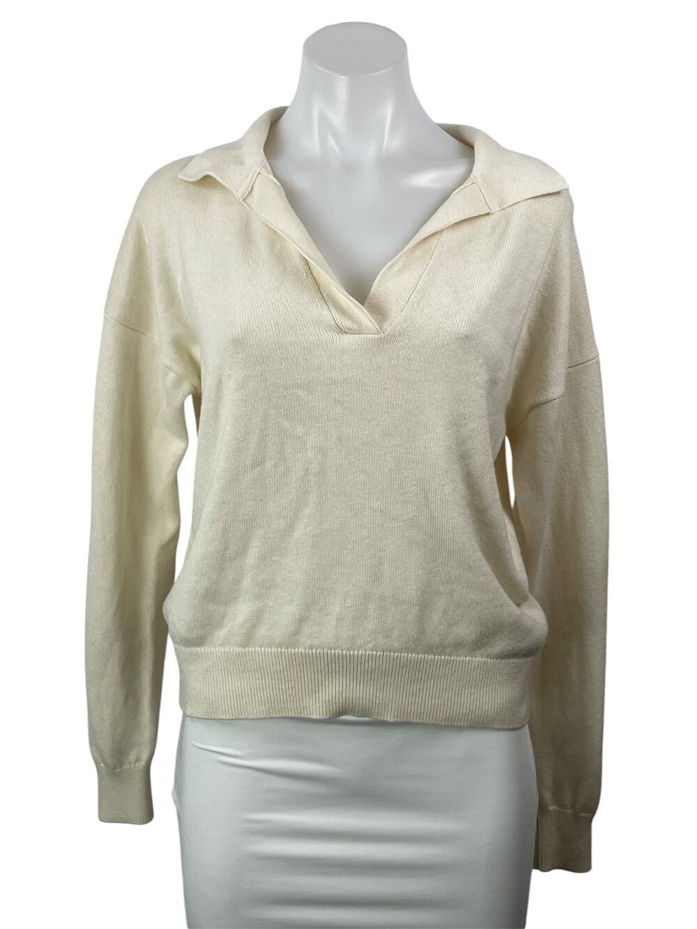 Aritzia Wilfred Women's Cream Wool Knit Long Sleeve Polo Sweatshirt Sweater XS